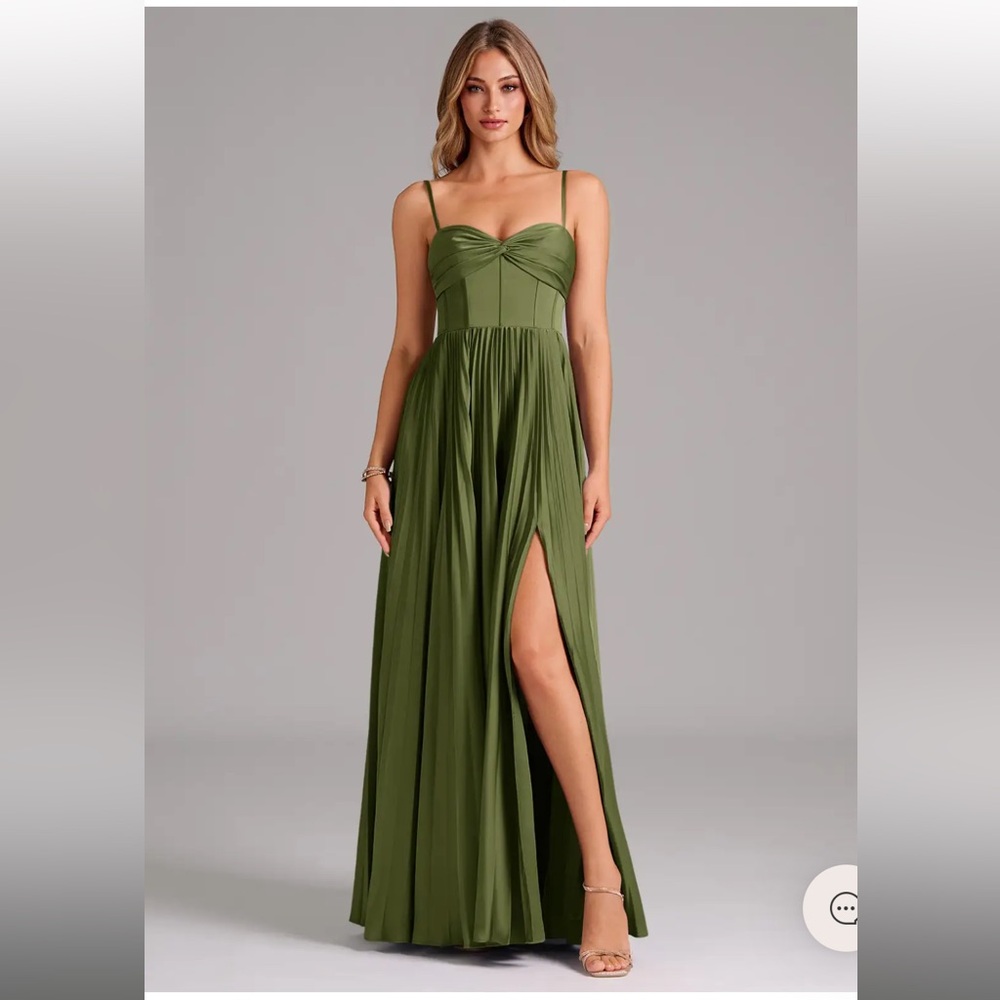 Azazie Tyla Olive Green Pleated Maxi Dress